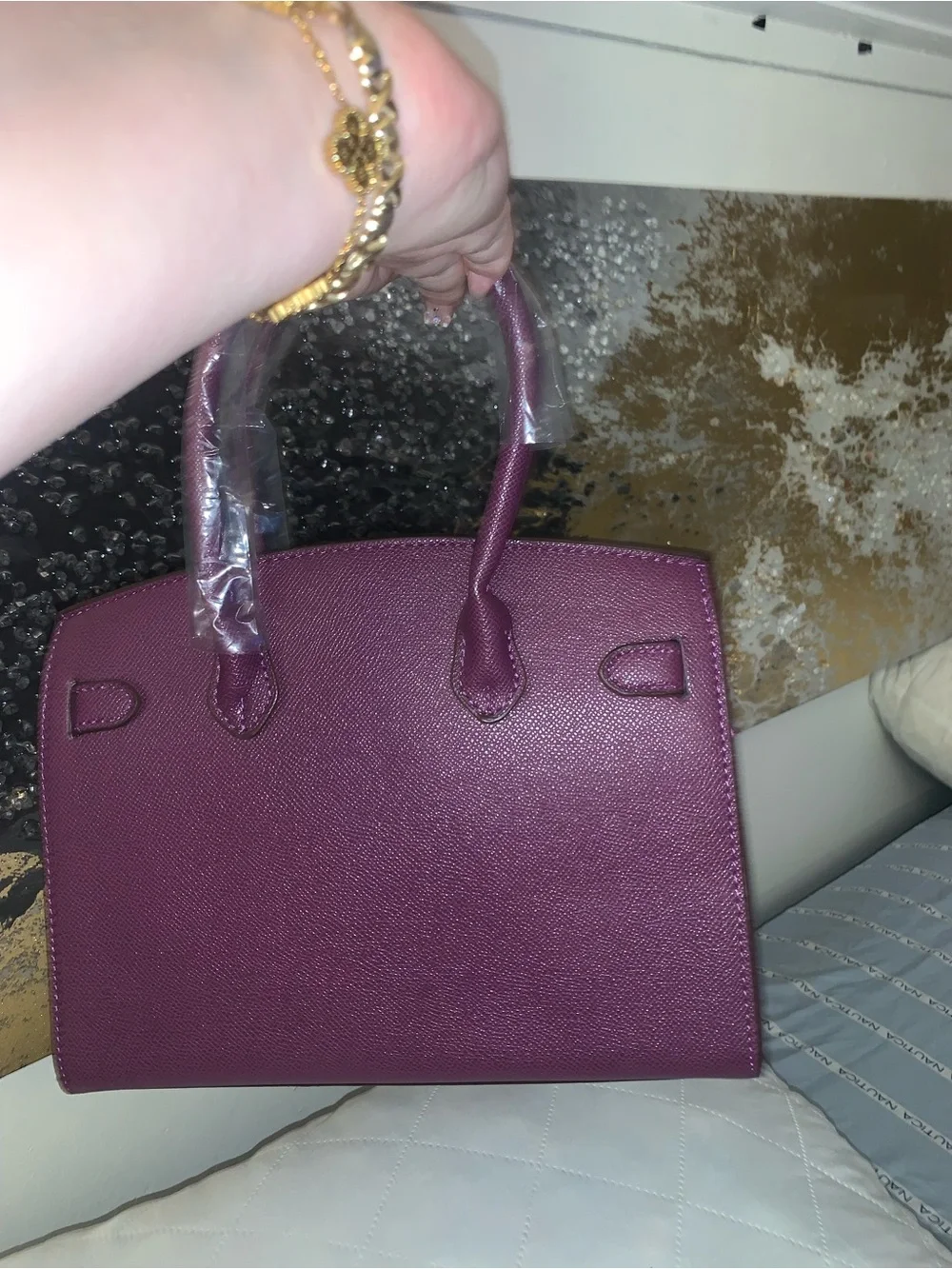 Brand New !! Cute Purple Structured Top-Handle Satchel Bag with Gold Hardware
